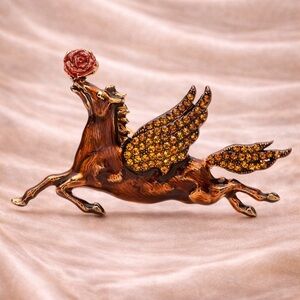 Angel Horse Pegasus Brown Brooch with Rose Accent